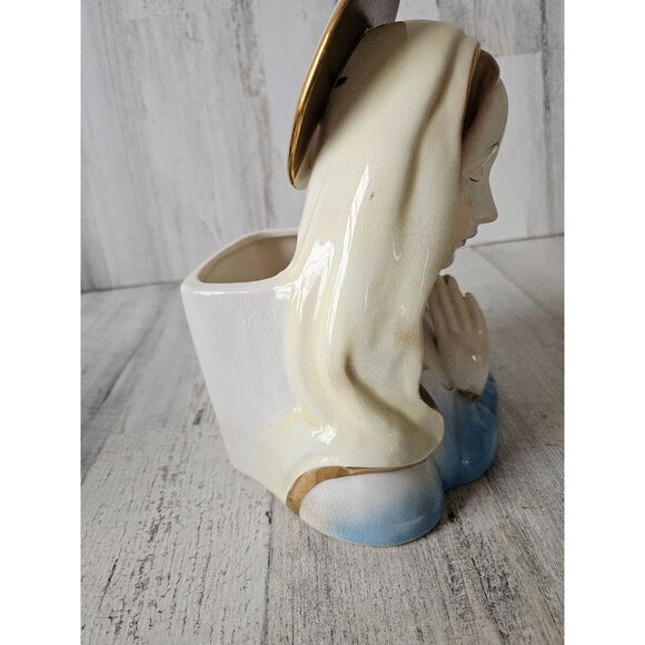 Virgin Mary vintage vase praying statue ceramic basket trinket large 9" tall x 7 - Picture 6 of 9